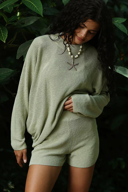 Damen Oversized Strick-Set Pullover und kurze Hosen