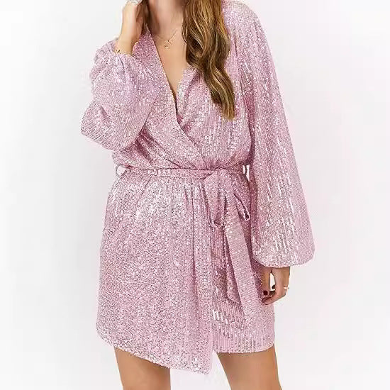 Damen Minikleid Glitzernd V-Ausschnitt Weite Ärmel Norvielle