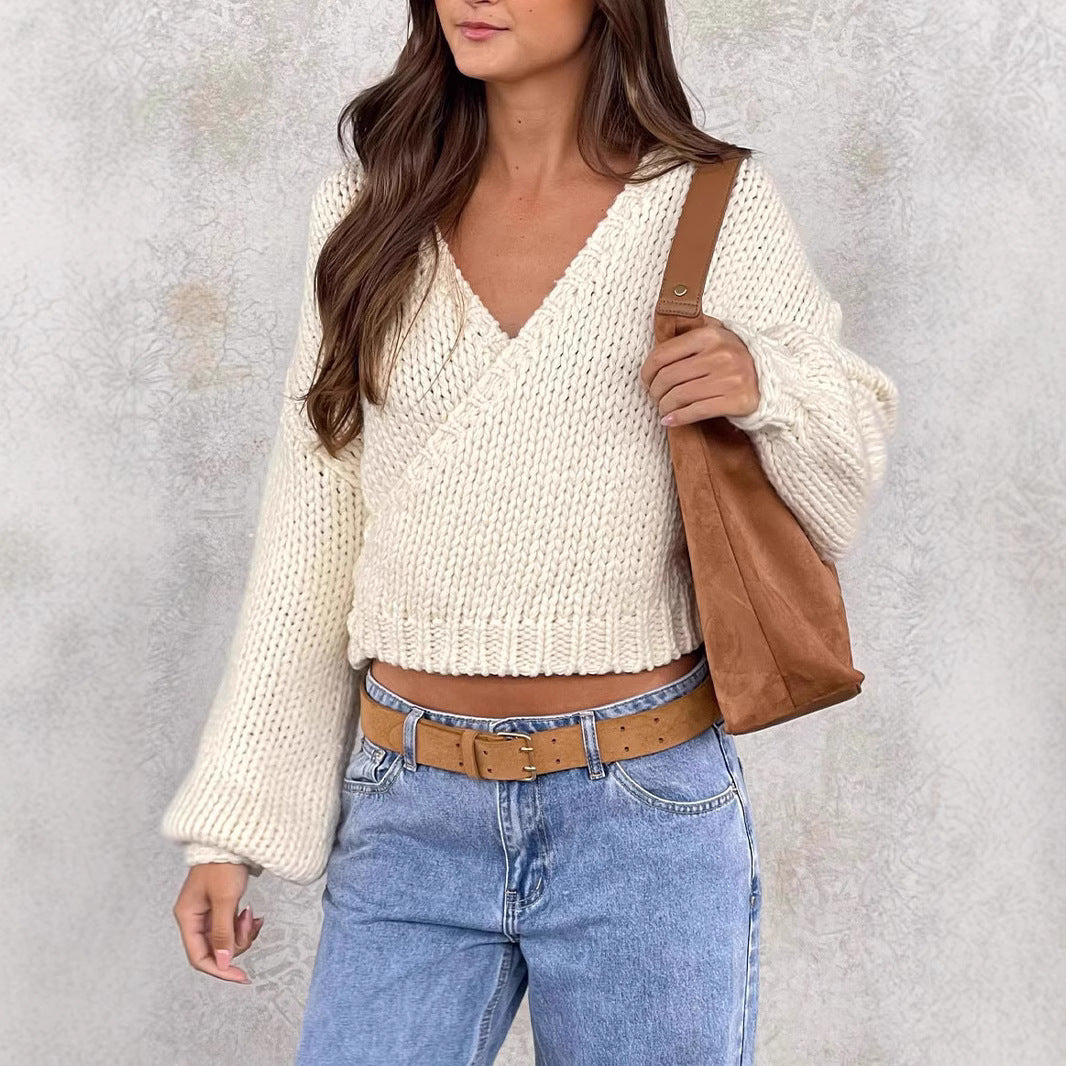 Damen Wickelpullover V-Ausschnitt Voluminöse Ärmel Norvielle