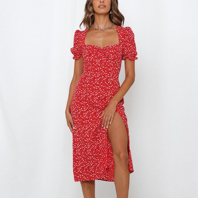 Damen Midikleid Blumenprint Seidenkleid Schlitz