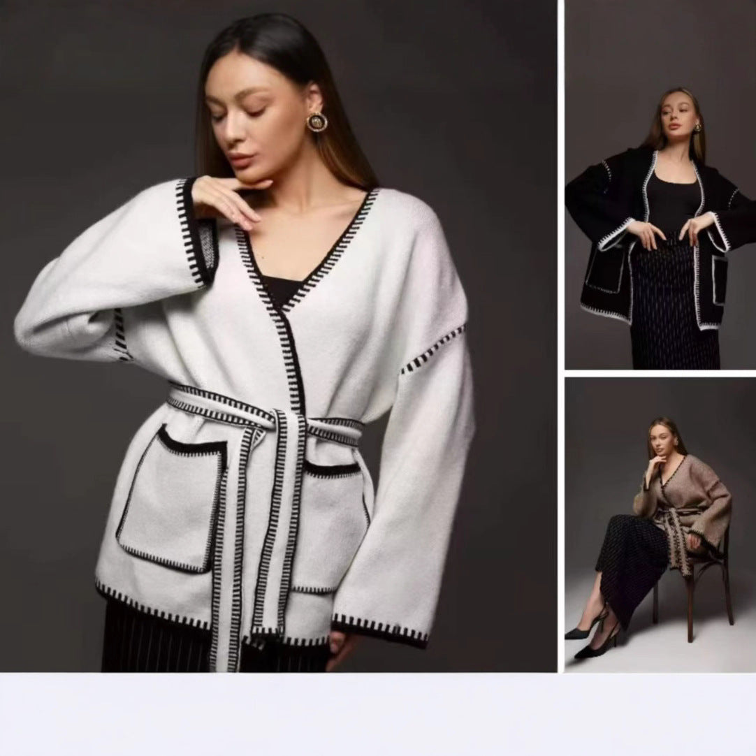 Damen Wickelpullover mit Taschen und Gürtel Elegantes Design - Norvielle