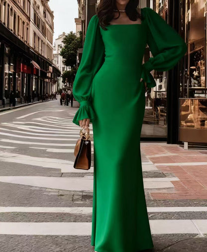 Damen Maxikleid Puffärmel Quadrat-Ausschnitt
