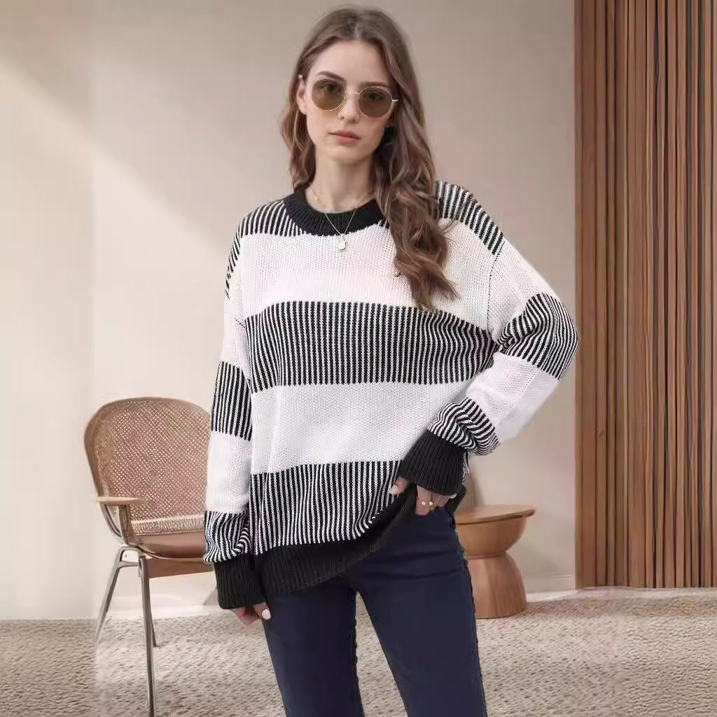 Damen Strickpullover Breite Streifen Weit Norvielle