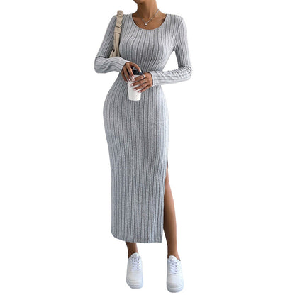 Damen Strickmaxikleid Langärmlig Mit Seitenschlitz Beige