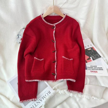 Damen Strickjacke Klassisch Kontrastnähte Taschen Norvielle