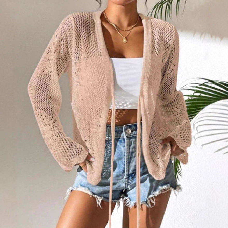 Damen Strickjacke Häkelstruktur Bindeverschluss Beige