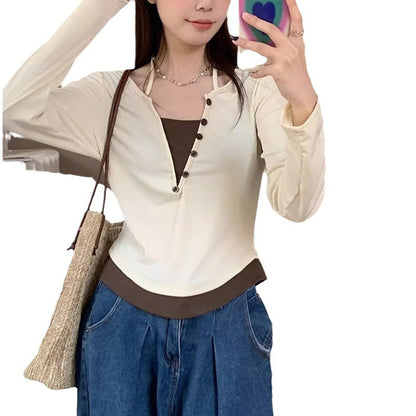 Damen Langarmshirt Moderner Knopfleistentwurf Baumwolle Weiß