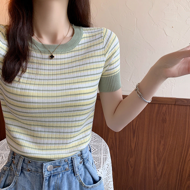 Damen Kurzarm-Shirt Streifenmuster Elastisch Weiß