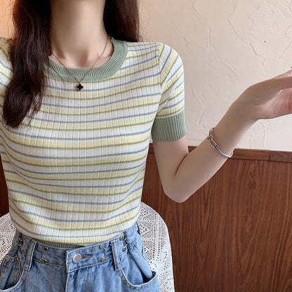 Damen Kurzarm-Shirt Streifenmuster Elastisch Weiß