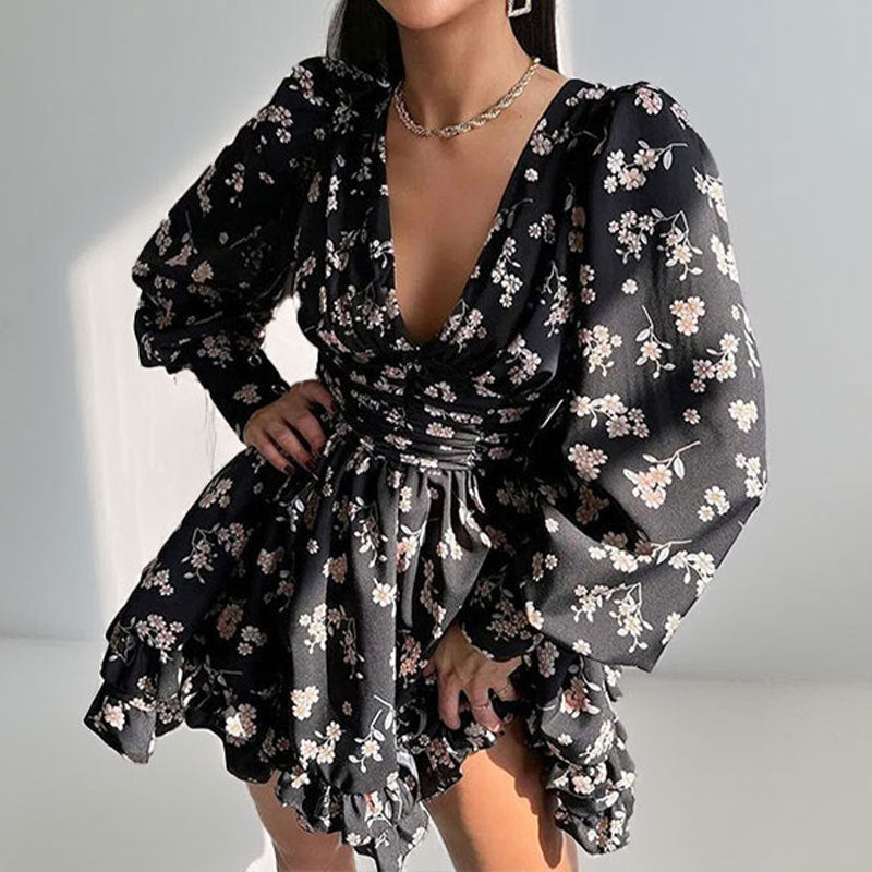 Damen Kleid Kurz Ärmel Blumenmuster - Norvielle