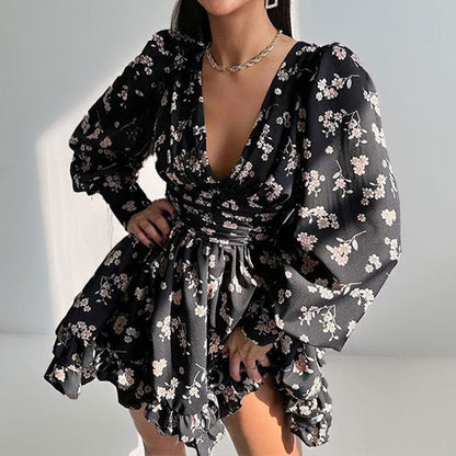 Damen Kleid Kurz Ärmel Blumenmuster - Norvielle