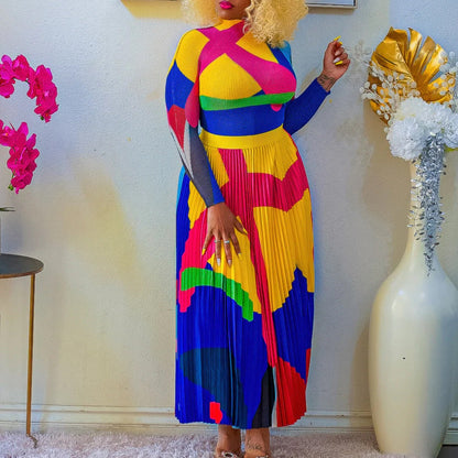 Damen Maxikleid mit Grafikdesign und Plissee-Optik Norvielle