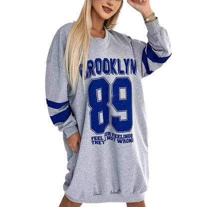 Damen Oversized Kleid Sportlich Grafikdruck V-Ausschnitt