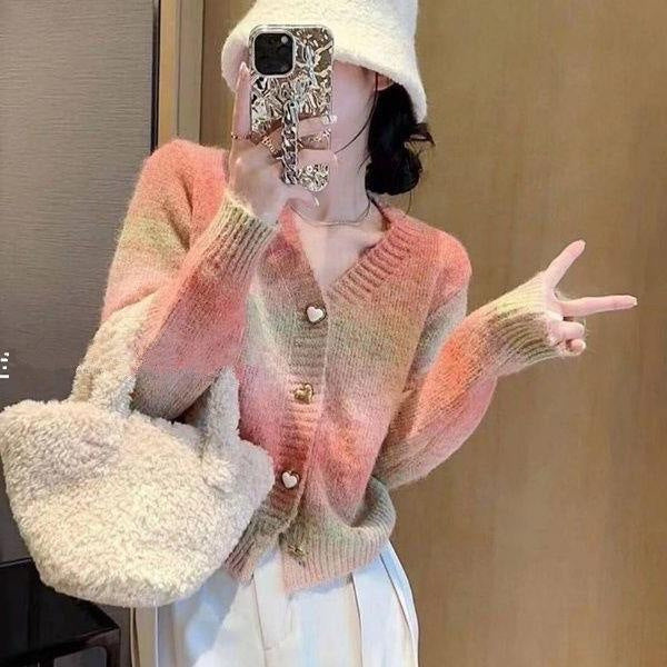 Damen Strickjacke Farbverlauf Herzknöpfe