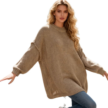 Damen Strickpullover Weite Ärmel Leichter Stoff Beige