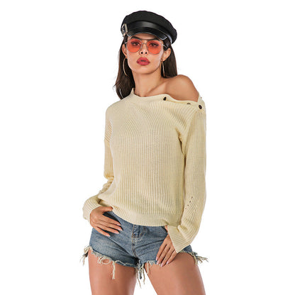 Damen Off-Shoulder Strickpullover Lässig Mit Knöpfen Beige