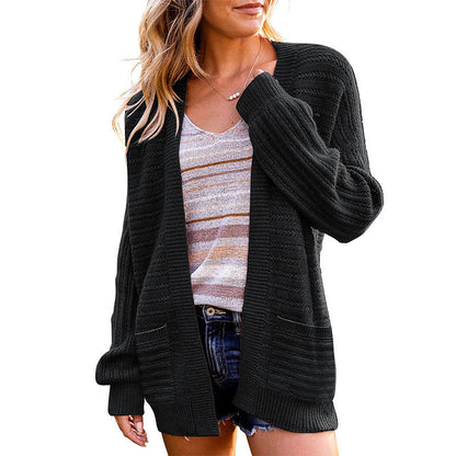 Damen Strickjacke Offen Vorne Strukturiert Beige