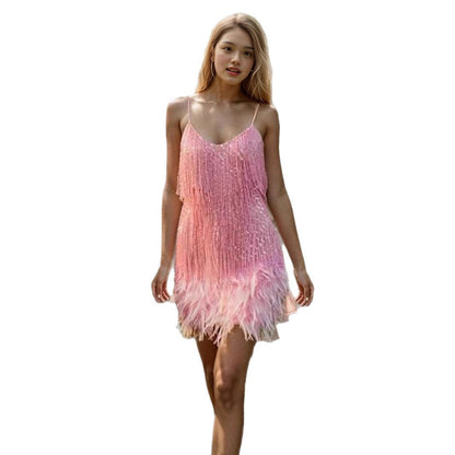 Damen Minikleid V-Ausschnitt Fransen