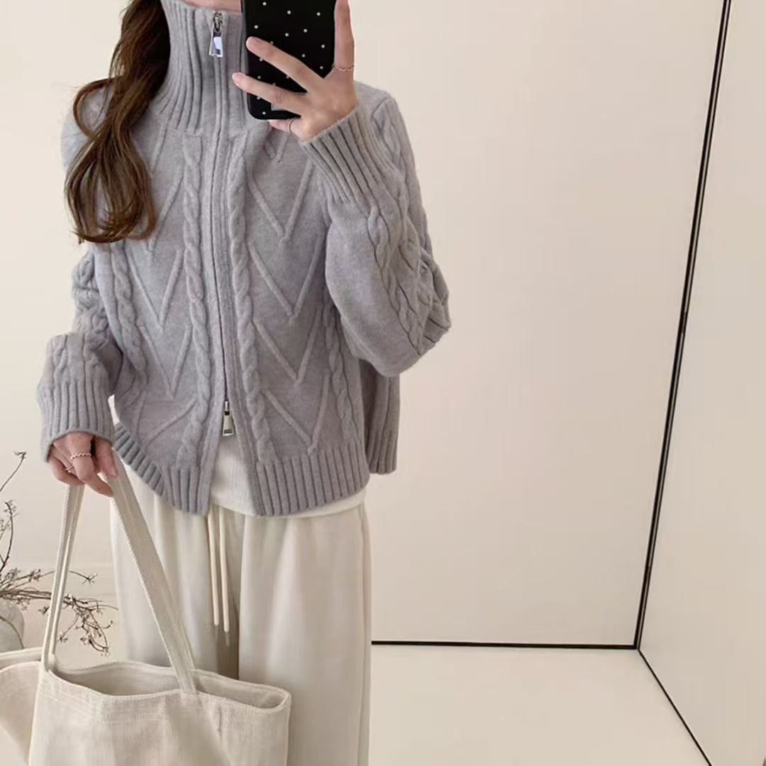 Damen Strickjacke Kabelmuster mit Reißverschluss Beige