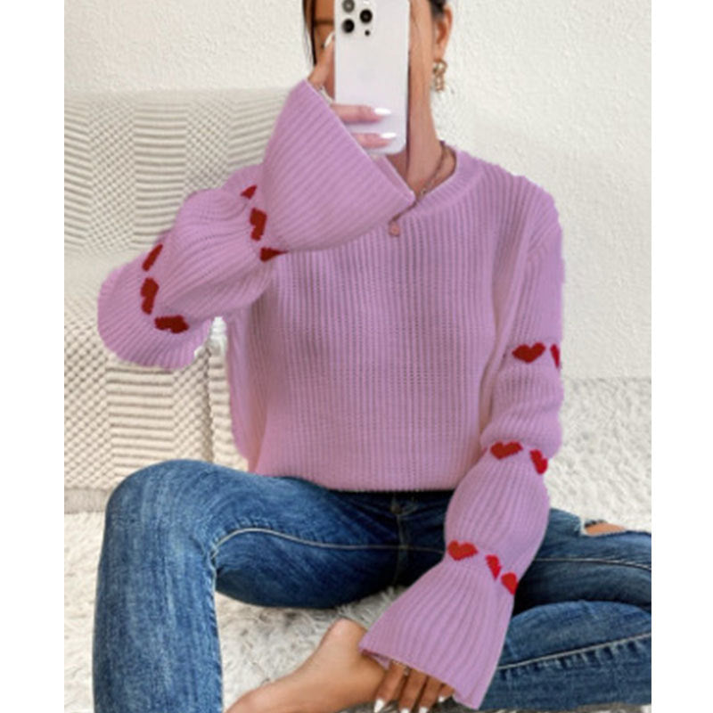 Damen Strickpullover Weite Ärmel Herz Applikationen Norvielle