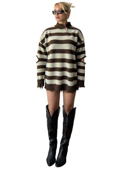 Damen Oversized Strickpullover Reißverschluss Cut-Outs Norvielle