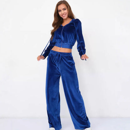 Damen Velours Jogginganzug Cropped Kapuze Weite Passform
