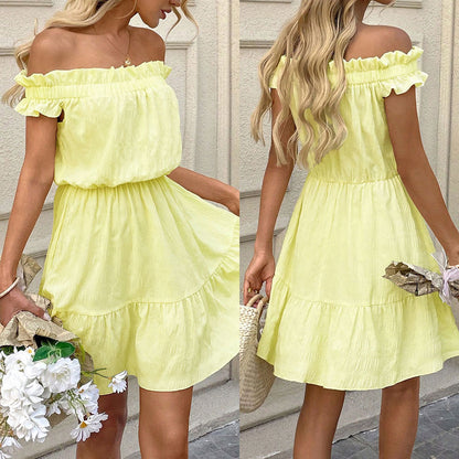 Damen Sommerkleid Kurz Schulterfrei Rüschensaum Norvielle - Norvielle