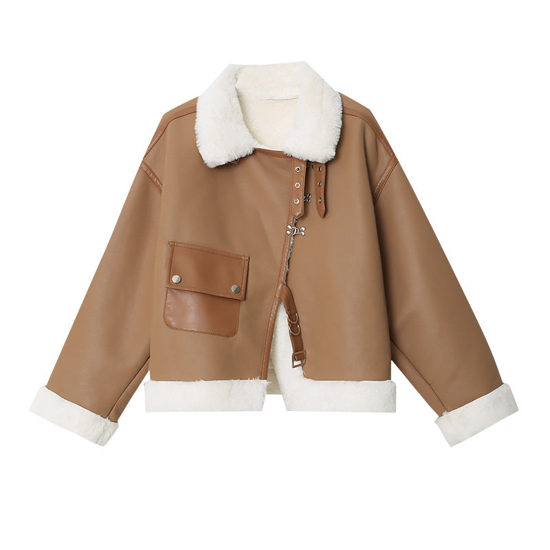 Damen Lammfelljacke Cropped Schnitt mit Druckknöpfen