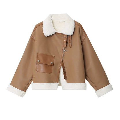 Damen Lammfelljacke Cropped Schnitt mit Druckknöpfen