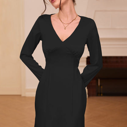 Damen Elegantes Midi-Kleid V-Ausschnitt Lange Ärmel Norvielle