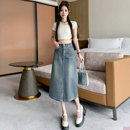 Damen Denim Midi-Rock Schwingender Saum