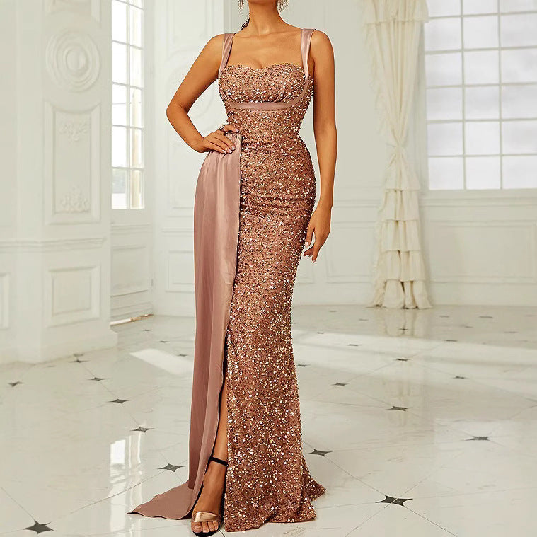Damen Abendkleid Schimmernde Pailletten Eleganter Schlitz Schwarz - Norvielle