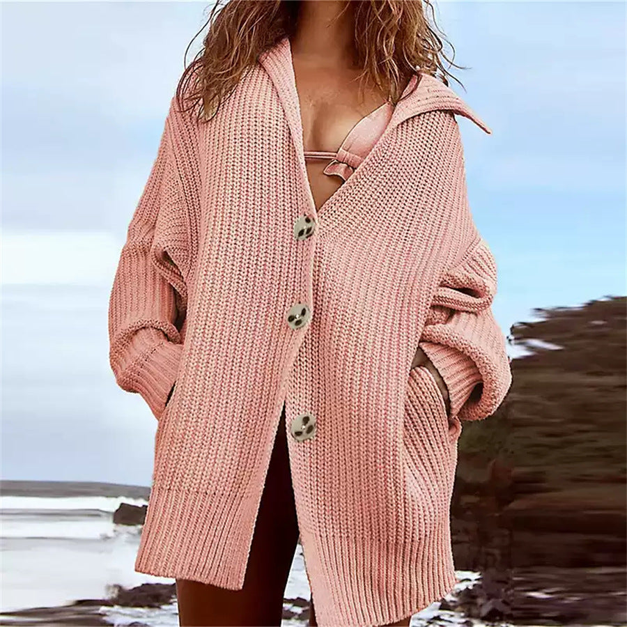 Damen Grobstrickjacke Norvielle Modern Reverskragen Dekorative Knöpfe