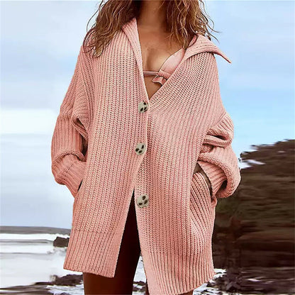Damen Grobstrickjacke Norvielle Modern Reverskragen Dekorative Knöpfe