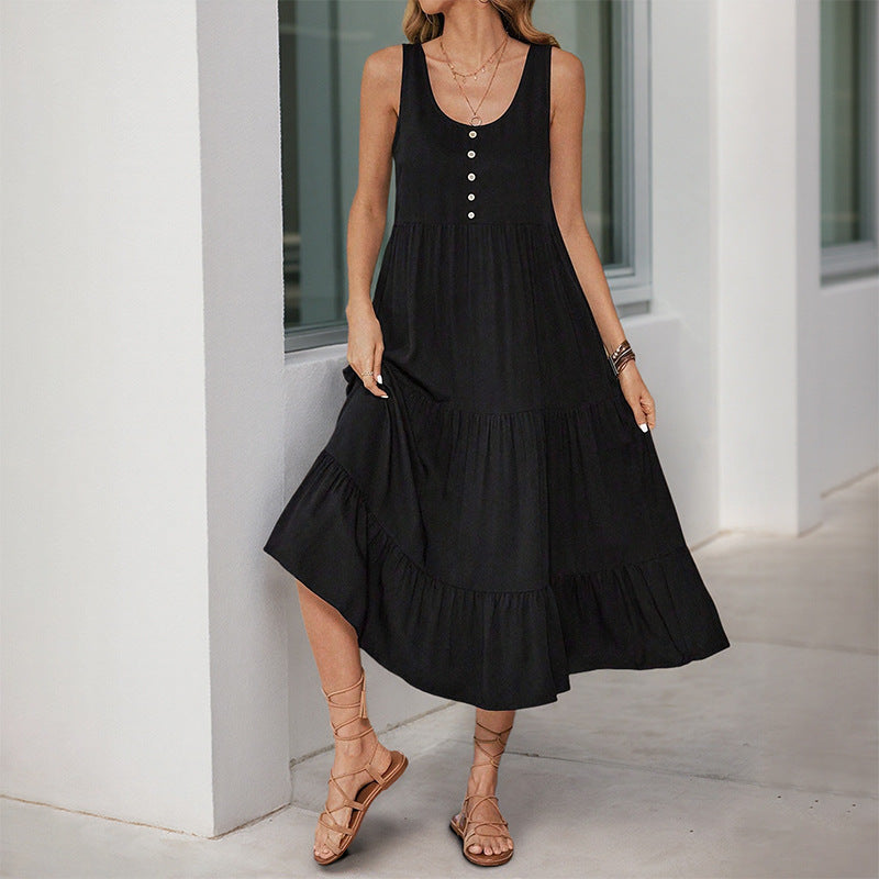 Damen Maxikleid mit Volant und Knöpfen