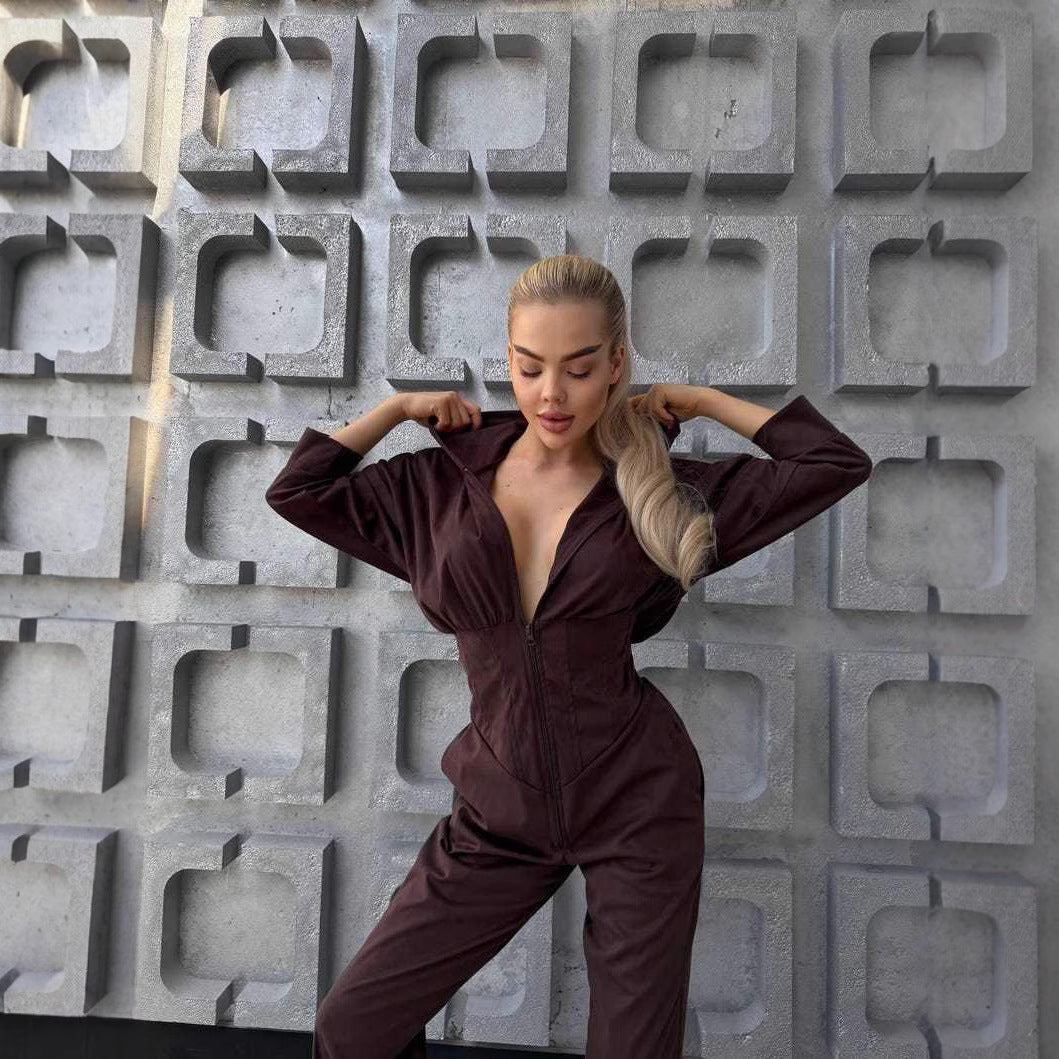 Damen Jumpsuit mit tiefem Ausschnitt und Kapuze - Norvielle
