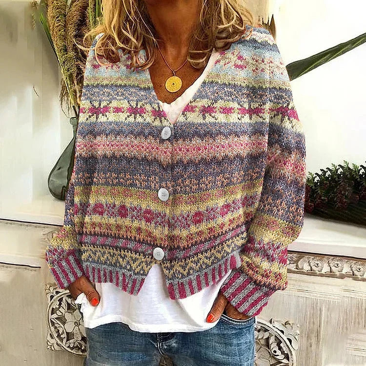 Damen Kurzstrickjacke Verspielt Muster Elegante Knöpfe Norvielle - Norvielle