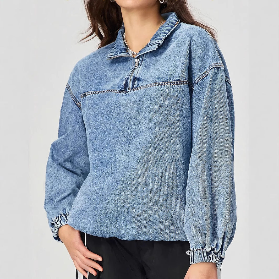 Damen Denim-Pullover Stehkragen Reißverschluss