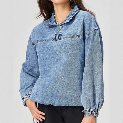Damen Denim-Pullover Stehkragen Reißverschluss