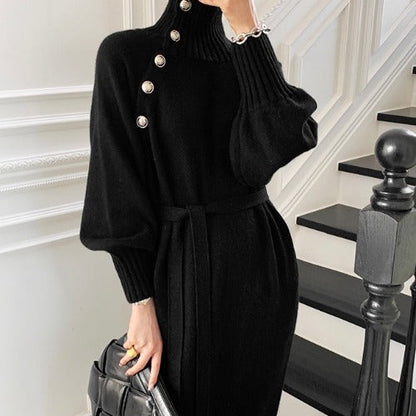 Damen Strickkleid Hochkragen Elegant Knöpfe Norvielle