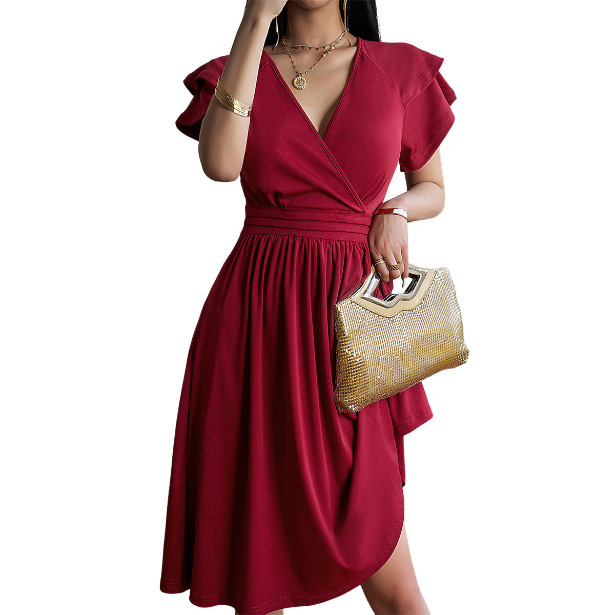 Damen Kurzarmkleid Einfarbig V-Ausschnitt