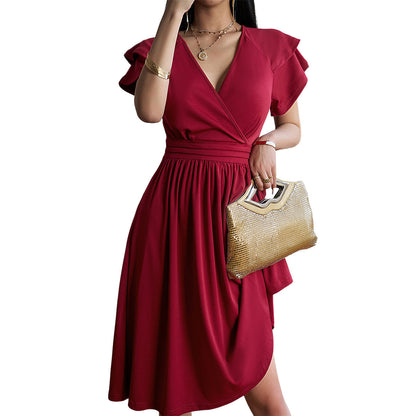 Damen Kurzarmkleid Einfarbig V-Ausschnitt