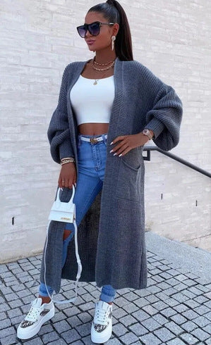 Damen Strickmantel Lang Weite Ärmel Taschen Norvielle