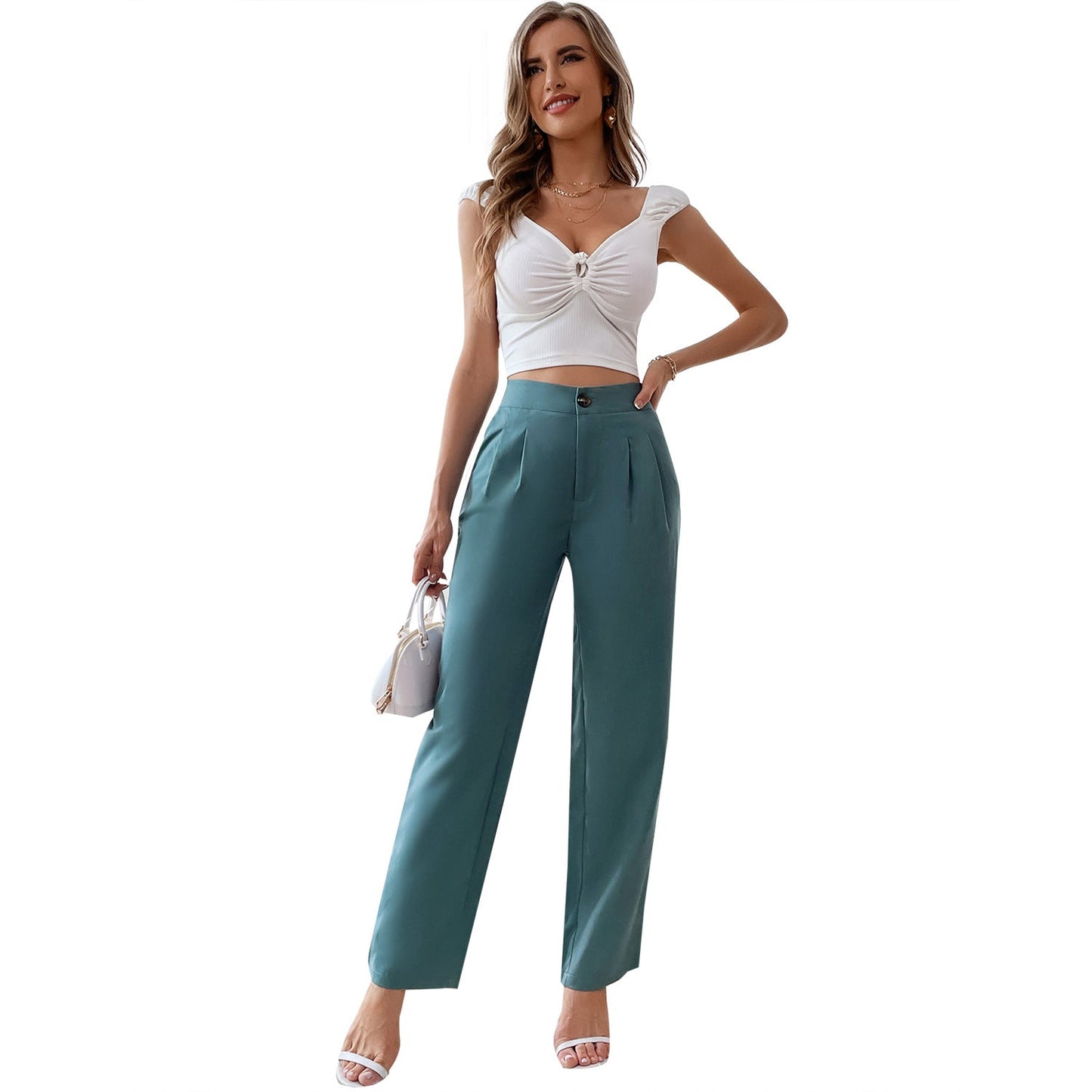 Damen Hochbund-Hose Slim Fit Faltenwurf