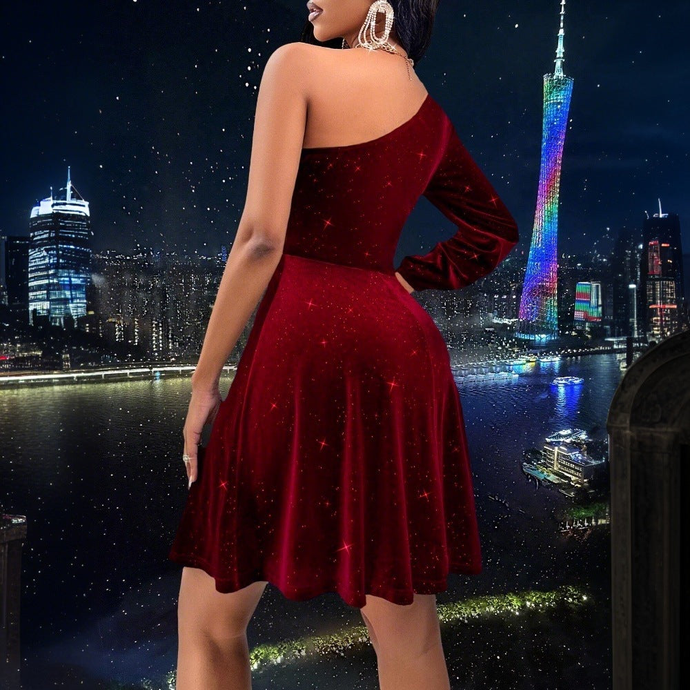 Damen A-Linien Kleid Schulterfrei Glitzernd Norvielle