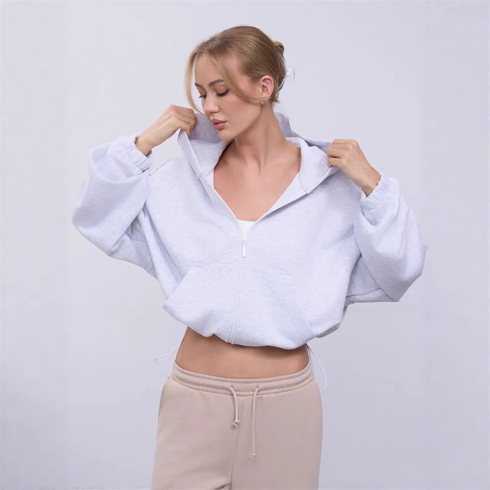 Damen Cropped Kapuzenjacke Voluminöse Ärmel Praktische Taschen
