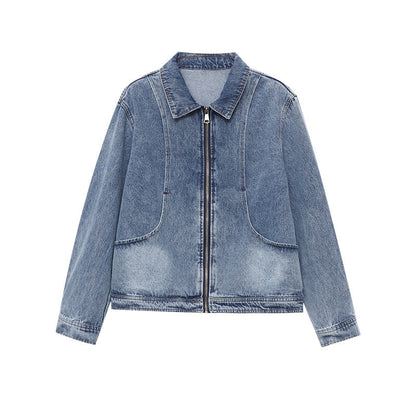 Damen Oversized Denim-Jacke mit Taschen und dezenten Details