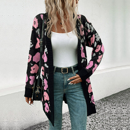 Damen Strickjacke Offener Schnitt Florales Muster Beige