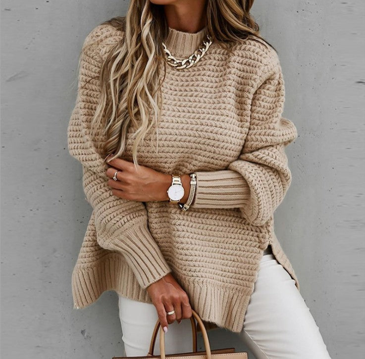 Damen Grobstrickpullover Hochkragen Mit Schlitzen Norvielle