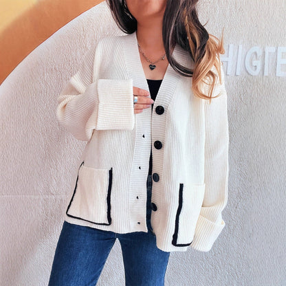 Damen Strickcardigan Weich V-Ausschnitt Große Taschen Beige